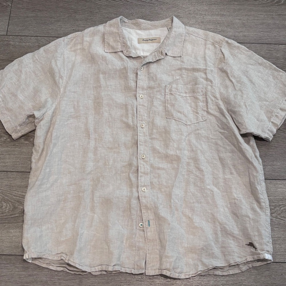 Tommy Bahama Button Down Shirt Mens XXL Tan 100% Linen Short Sleeve Marlin Logo